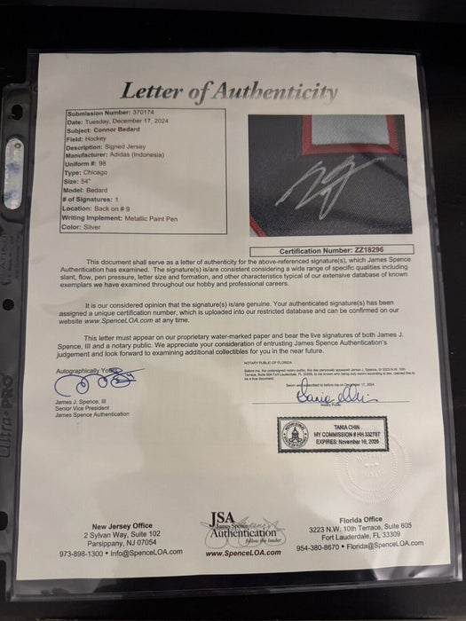 Connor Bedard Signed Chicago Blackhawks Jersey JSA LOA COA