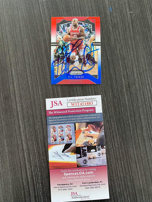 P.J. Tucker Houston Rockets Autographed 2019-20 Panini Prizm Red White Blue #111 Trading Card JSA